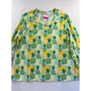 Women’s Fresh Produce Green & Yellow Pineapple Print Long Sleeve Shirt Sz 2X